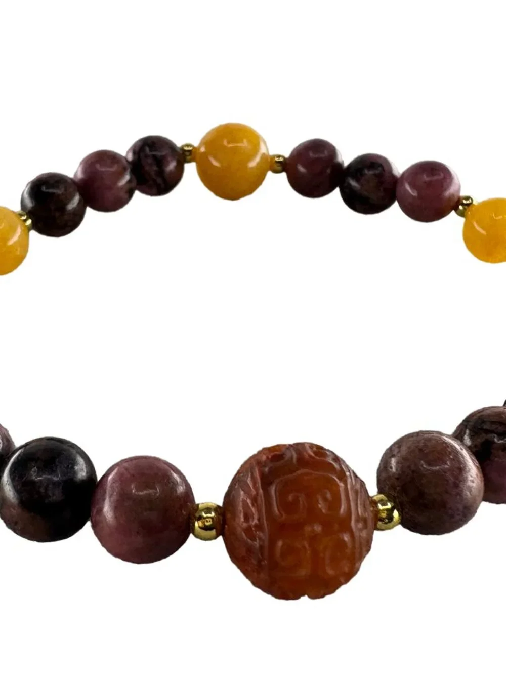 Carved Red Agate Rhodonite Yellow Jade Stretch Bracelet 18K Gold Filled 22.4g 7